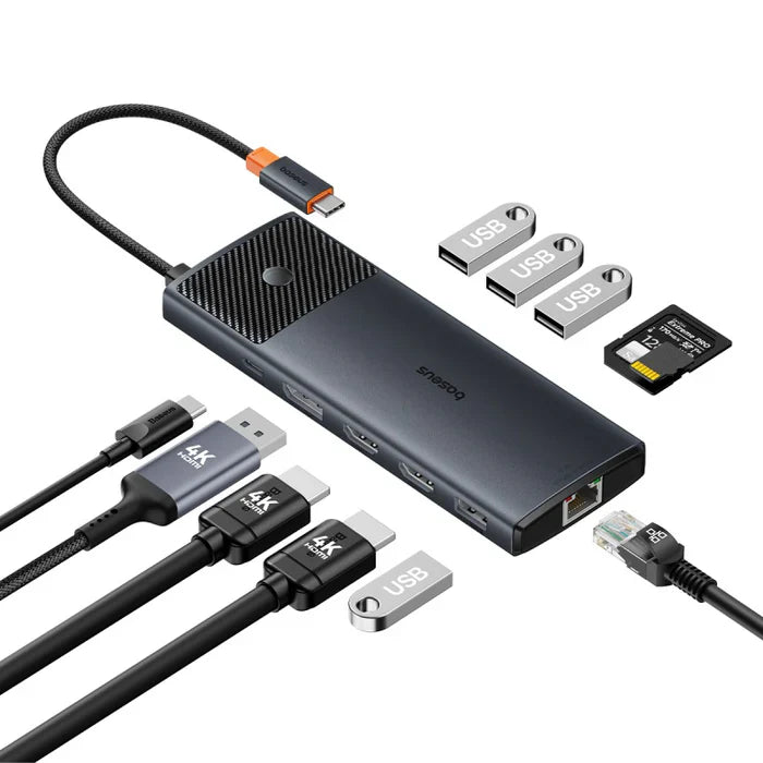 Baseus Metal Gleam Series II 11-in-1 USB Hub Cosmic Black (USB-C to 1*HDMI4K@60Hz+1*HDMI4K@60Hz+1*DP4K@60Hz+2*USBA(5Gbps)+2*USBA(480Mbps)+1*RJ45+1*SD/TF+1*USB-C(PD) )